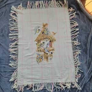 Vtg Handmade Needlepoint Cross Stitch Throw Blanket Birdhouse Birds Fringe